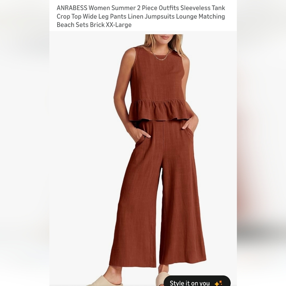 ANRABESS Women 2 Piece Outfits Sleeveless Tank Crop Top Wide Leg Pants Set, XXL